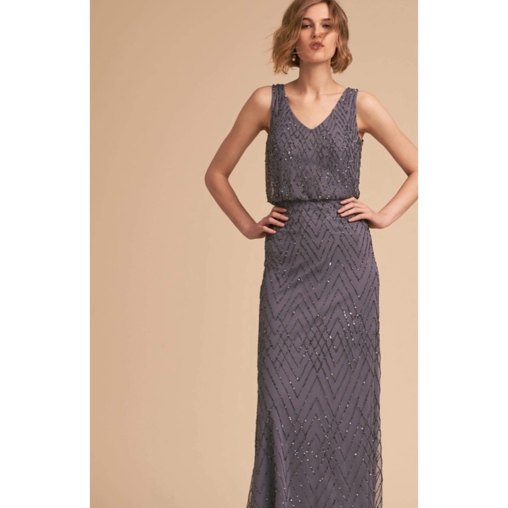 BHLDN Blaise Dress Color Gray Fully embellished Shimmering Beads Size 18